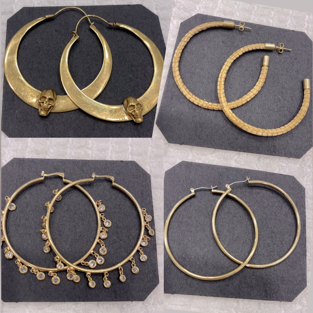 Set of 4 golden hoop earrings. 2 designer ones: Erica Peña, Viviana de Ontañon